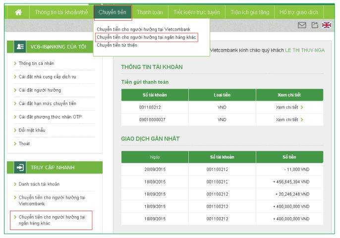 chuyển tiền khác ngân hàng qua internet banking 