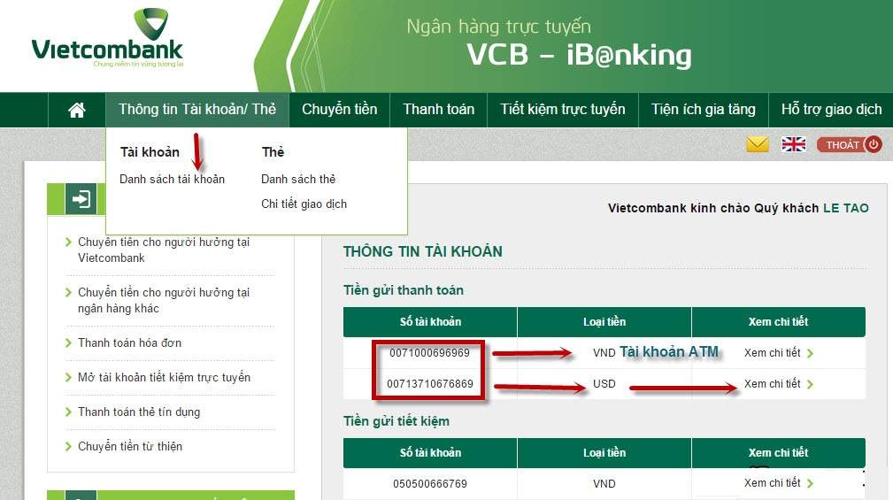 Xem thông tin tài khoản thẻ