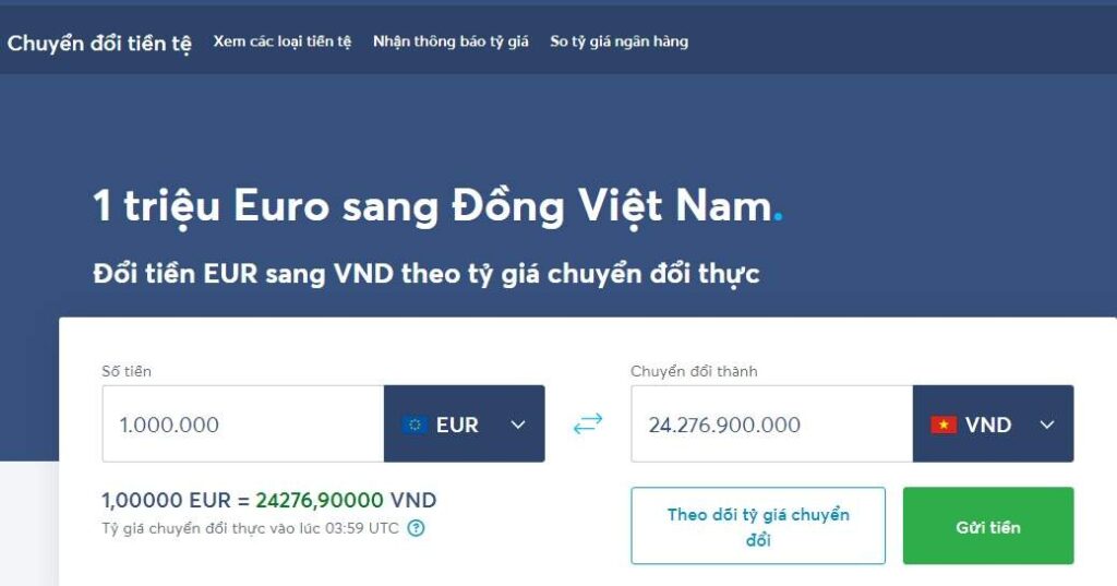 Minh họa kết quả tra cứu tỷ giá đồng Euro bằng công cụ chuyển đổi tỷ giá